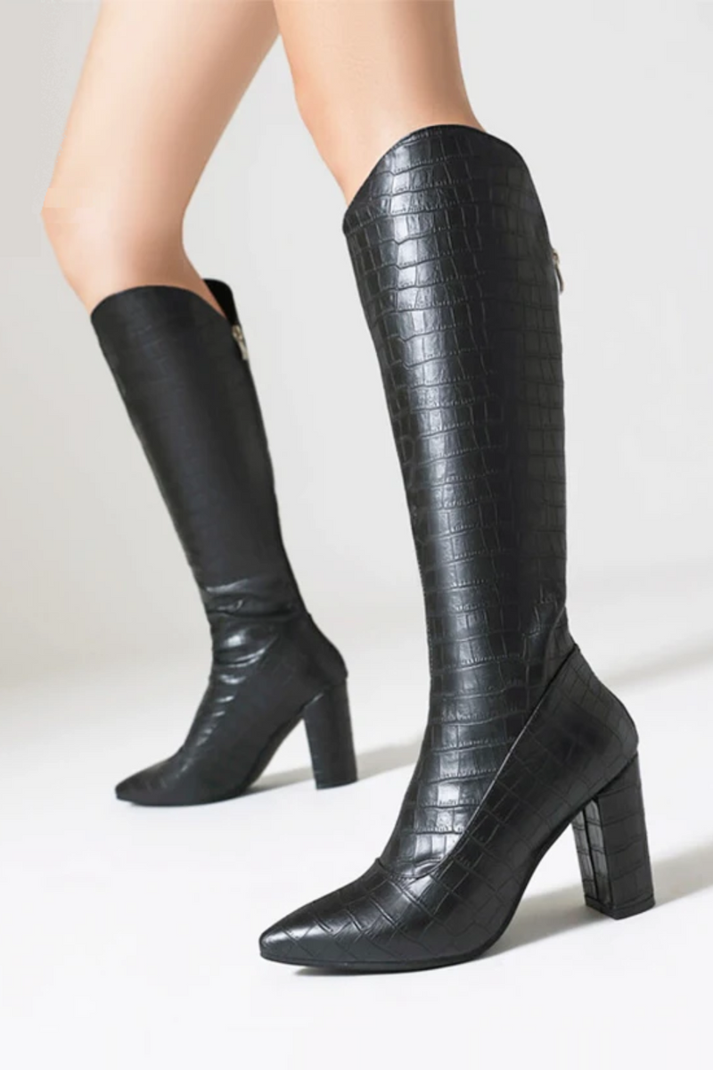 Autumn Winter Knee-High Long Boots Women Rear Zipper Stone Pattern Party Shoes High Heel Boots Female