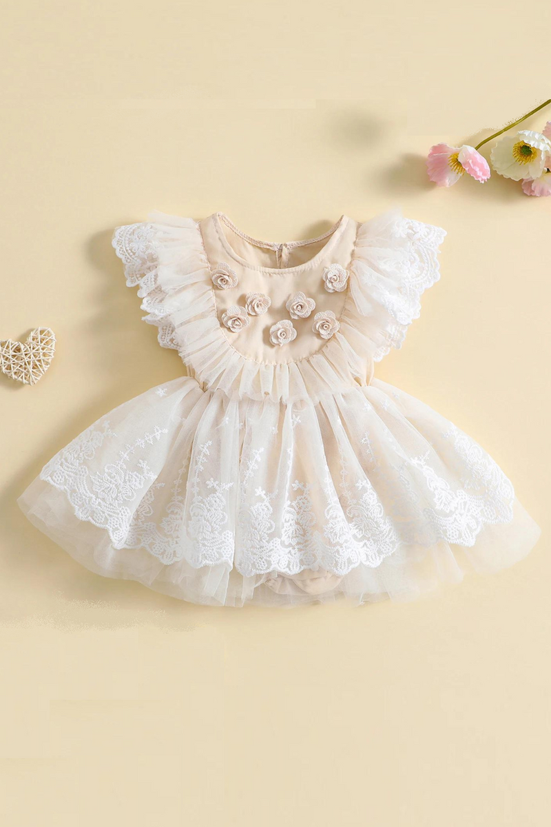 Summer Infant Baby Girls Bodysuit Fly Sleeve Flower Lace Tulle Patchwork Dress Clothes