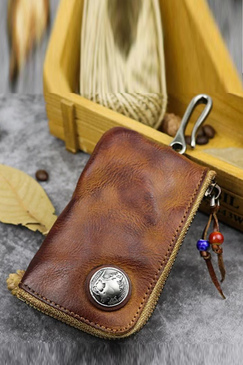 Unisex Retro Real Leather Key Bag Zipper Key Card Bag Door Car Key Holder Organizer Pouch