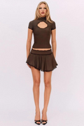 Two Piece Sets Women Hollow Out Turtleneck Short Sleeve T-shirt And Mini Skirt Femme Skirt Sets