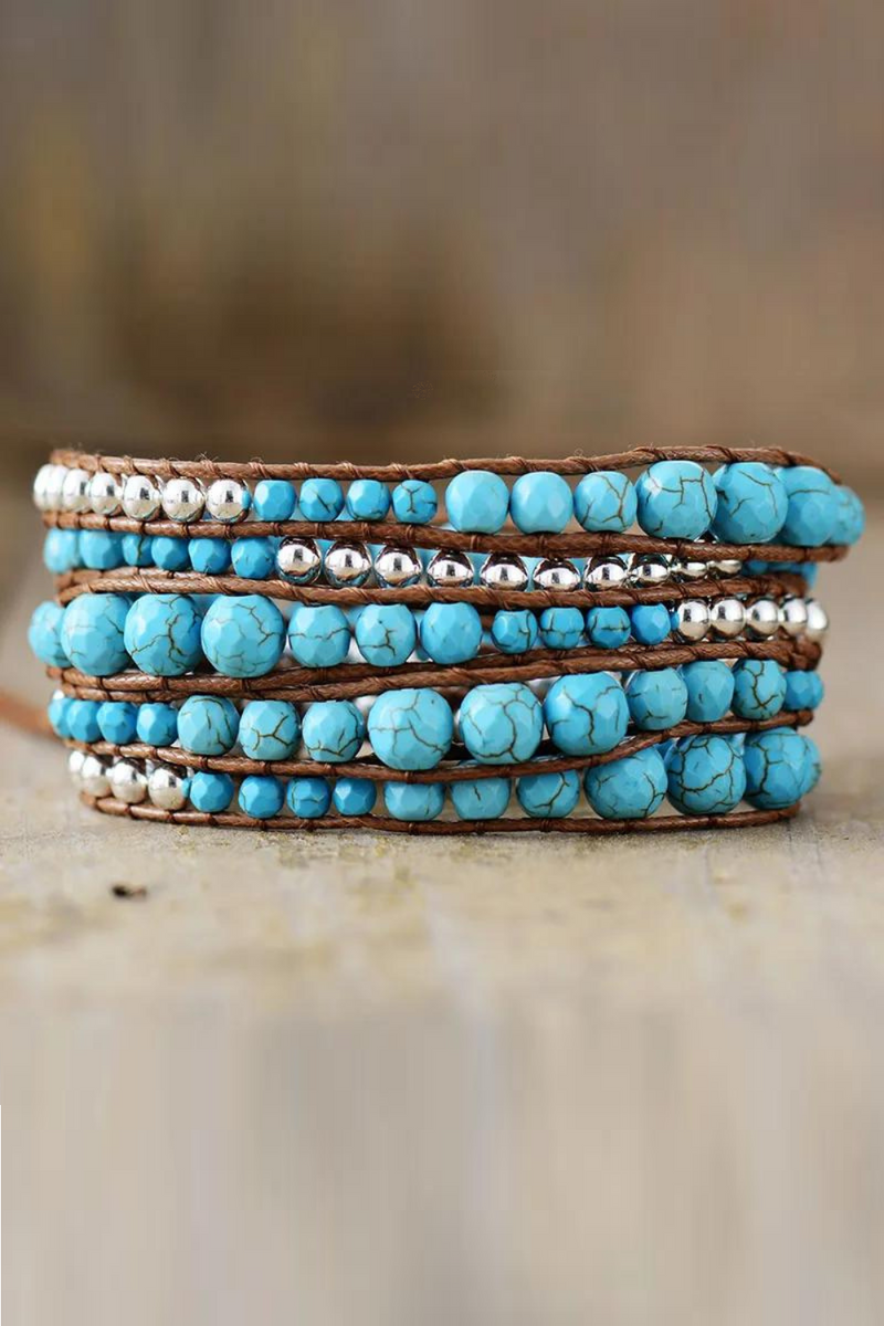 Healing Turquoises Stone Beaded Wristband Leather Cord String Wrap Bracelet Femme Girls Boho-chic Jewelry