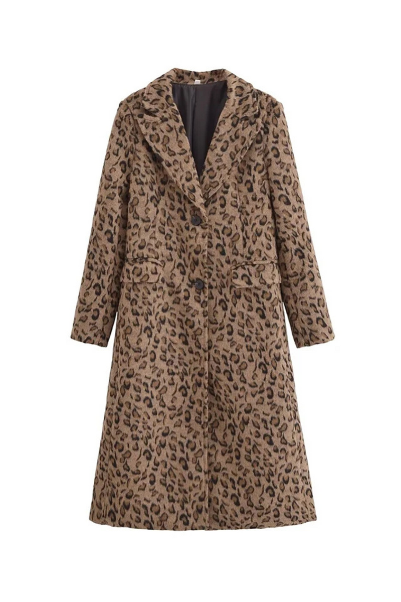 Women Autumn Winter Leopard Long Woolen Coat Single Breasted With Pockets Elegant Outerwear