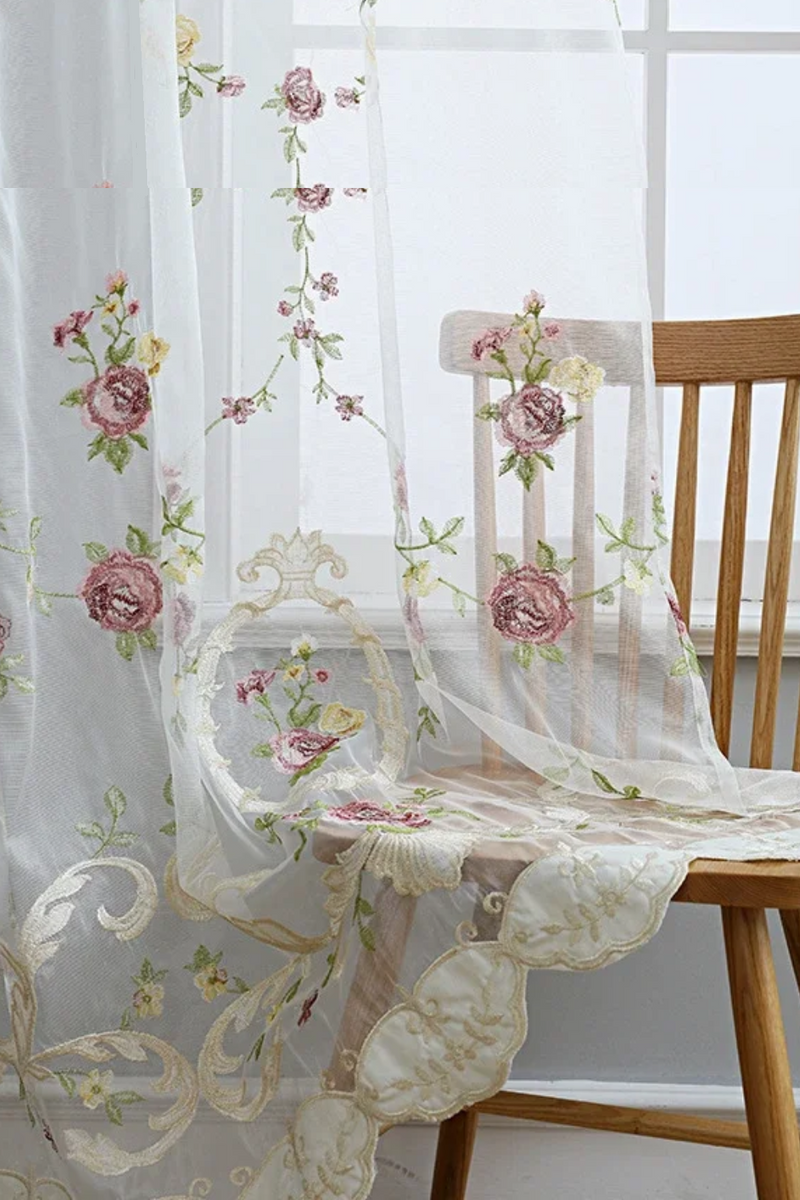 Flower Embroidered Curtains for Living Dining Room Bedroom Semi-Blackout Yarn Sheer Transparent