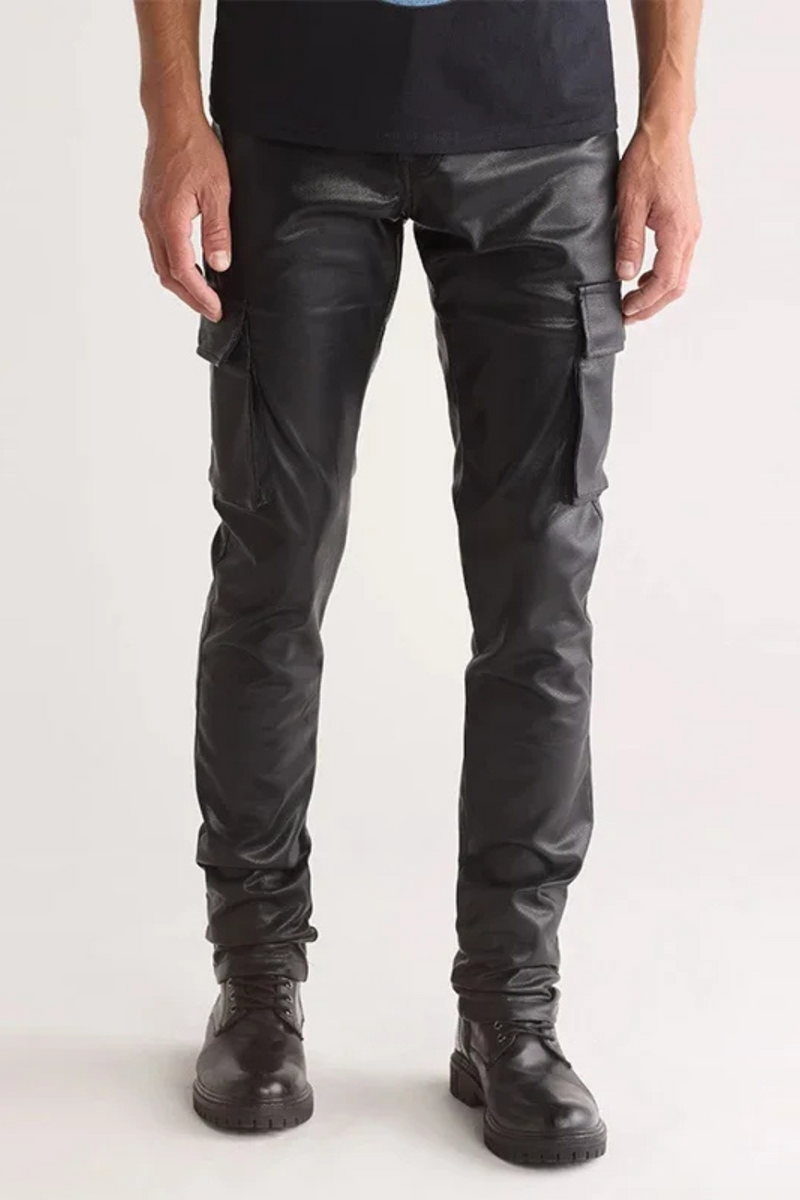 Leather Men Slim Cargo Pants Stretch Trousers Motorcycle Pant