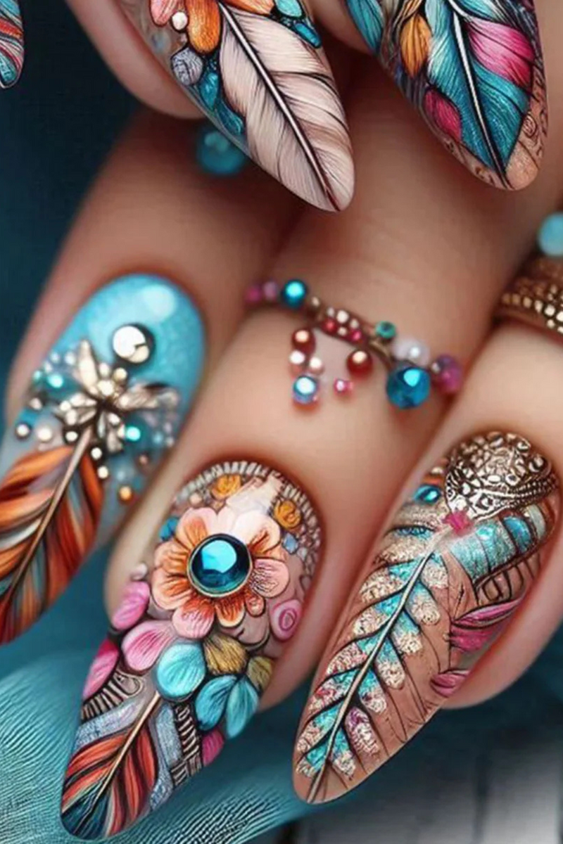 Feathers Press on Nails Diamond Fake Nails Set Floral Pattern Wearable Acrylic Nails Almond Press on Nail Tips