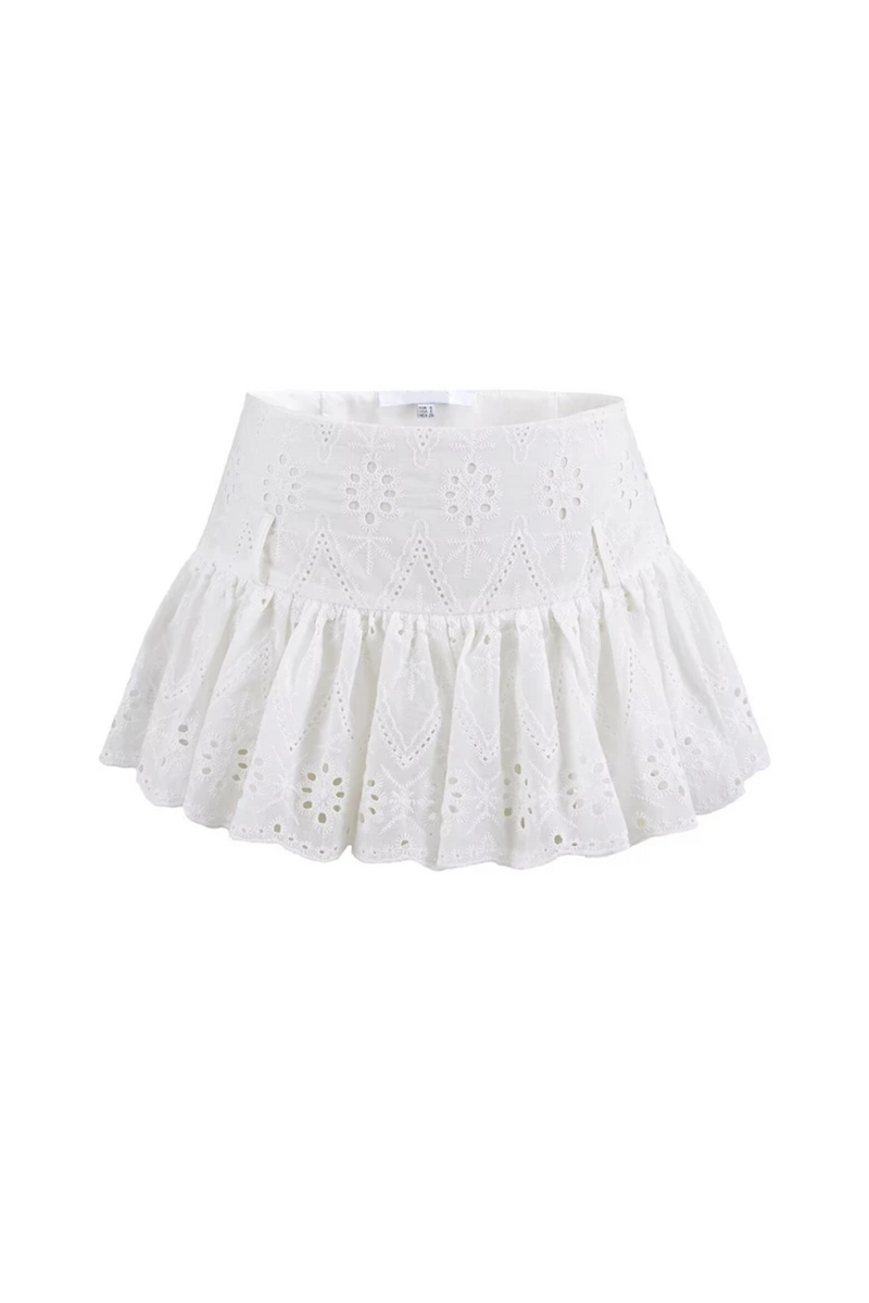 Women's Hollow out Embroidery White Mini Skirt Side Zipper Low waist A Line Lace