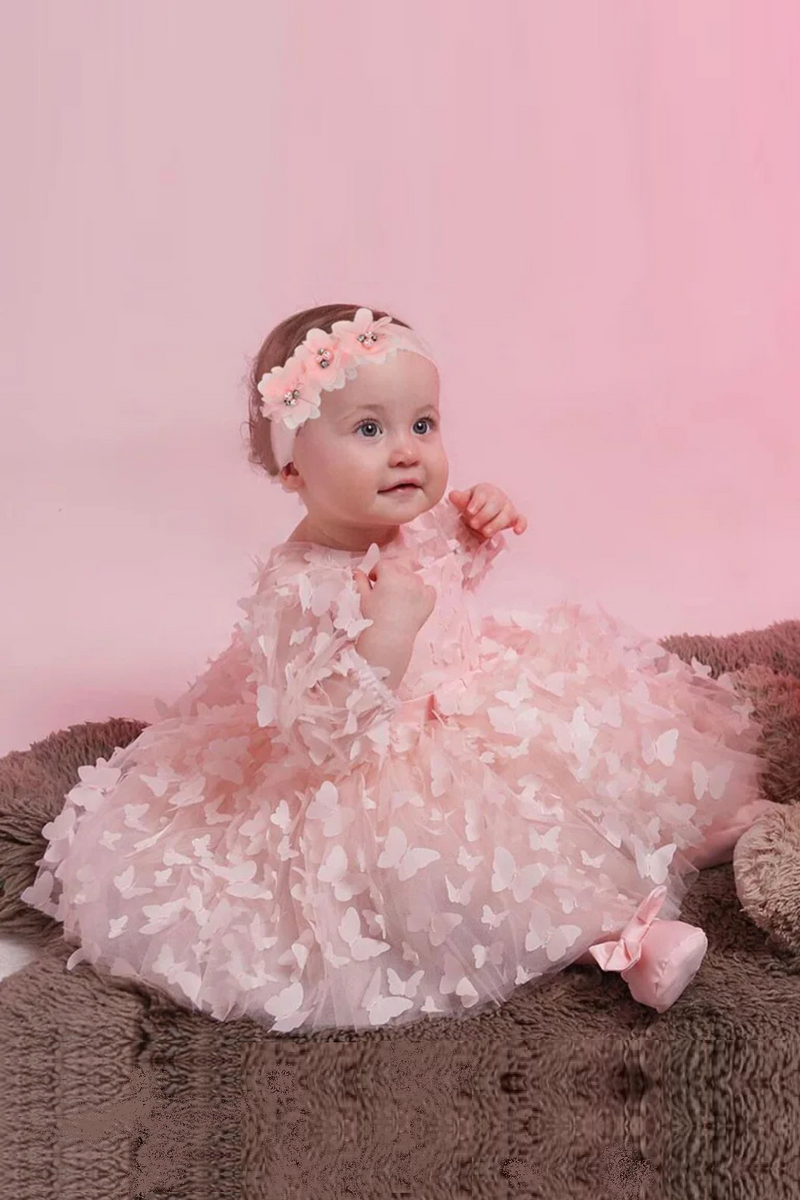 Baby Girl Dress Toddler Birthday Party Costume Long Sleeve Butterfly Sweet Princess Dresses Spring Summer Gauze Pink Midi Dress