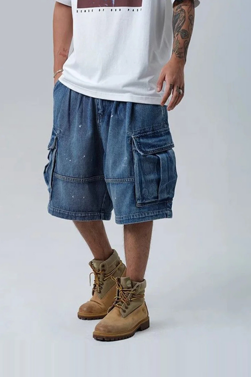 Men Denim Shorts Summer Trend High Street Loose Straight Wide-Leg Pants Men