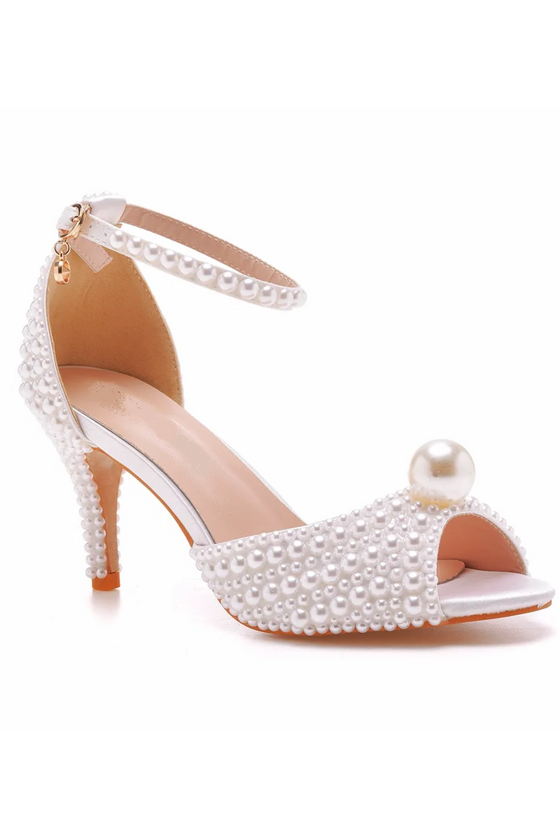 White Pearl Sandals Women Open Toe High Heels Lady Luxury Wedding Shoes Banquet Dress