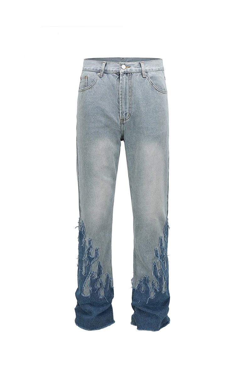 Blue Flame Patchwork Baggy Men Jeans Pants Casual Denim Trousers