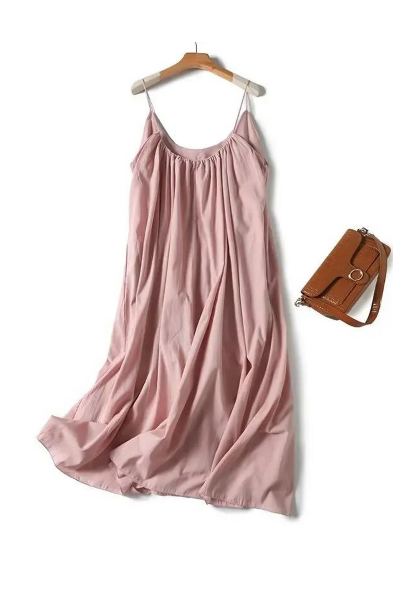 Summer Dress Women Midi Dress Pleated Linen Sexy Elegant Minimalist Pink Suspenders Dress