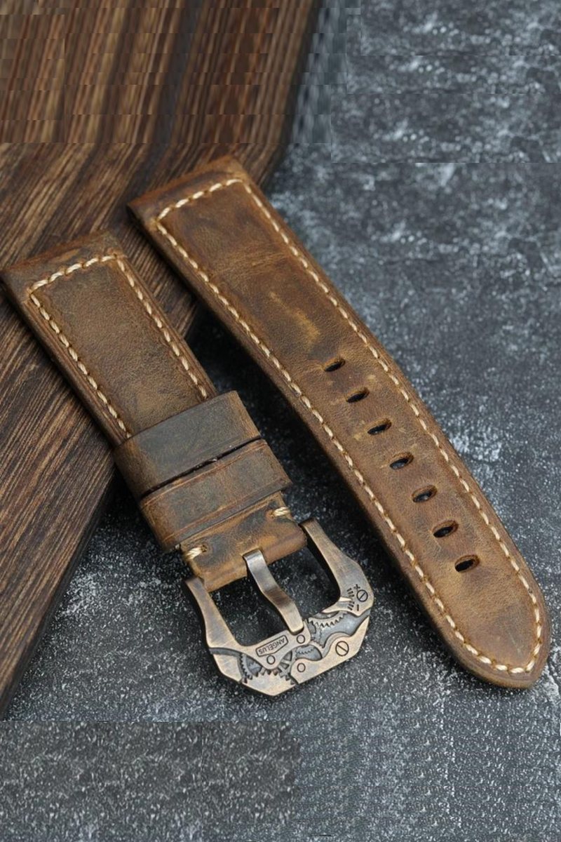 Handmade Vintage Leather Watchband Bronze Watch Buckle 22 24 26MM Brown Men's Bracelet Vintage Style