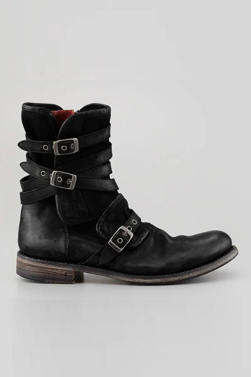 Retro Leather Punk Shoes Round Toe with Buckle Zipper Thick Heel Men's Short Boots