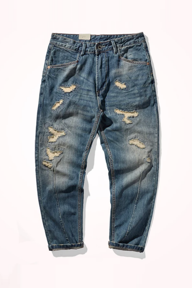 Autumn Winter American Retro Holes Patch Denim Jeans Men's  Casual Trousers