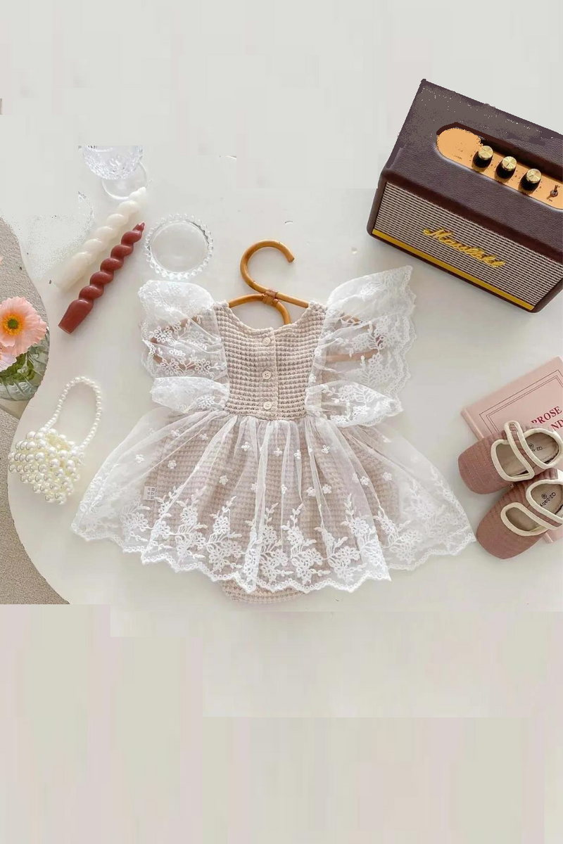 Baby GirlWaffle Grid Lace Romper Dress Style Chic Outfit for Summer Outings