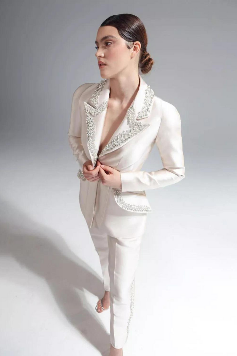 Modern Crystal Women Suits One Button Shiny Pocket Blazer Custom Made Slim Fit Elegant Celebrity Jacket