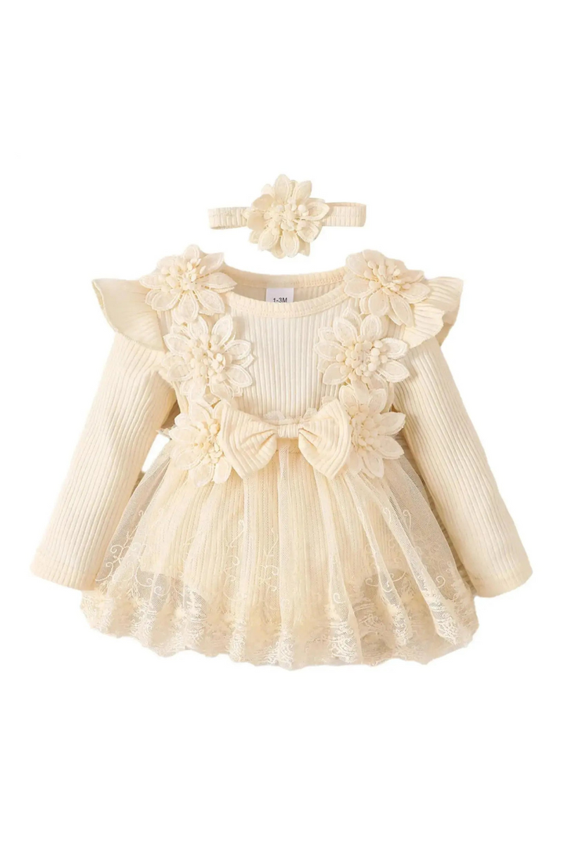 Infant Baby Girls Rompers Dress Flower Embroidery Tulle Rib Knit Bodysuit with Headband Toddler Kid Fall Winter