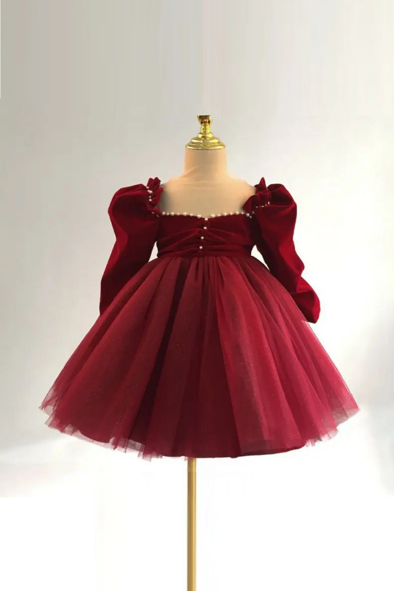 Newborn Baby Girl Princess Xmas Red Pearl Dress Puff Child Winter Evening Gown Baby Clothes