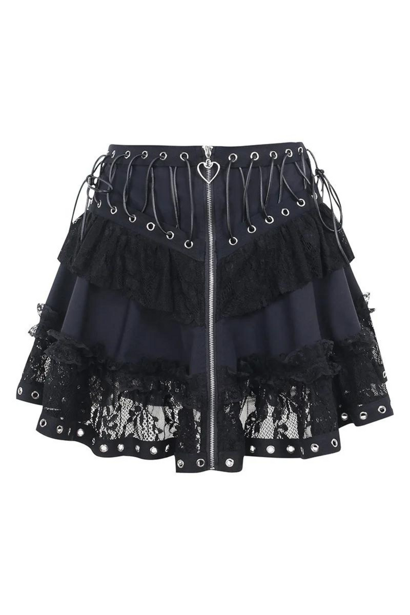 Kawaii Black Gothic Skater Mini Skirts Zipper Front Women's Punk Skirt