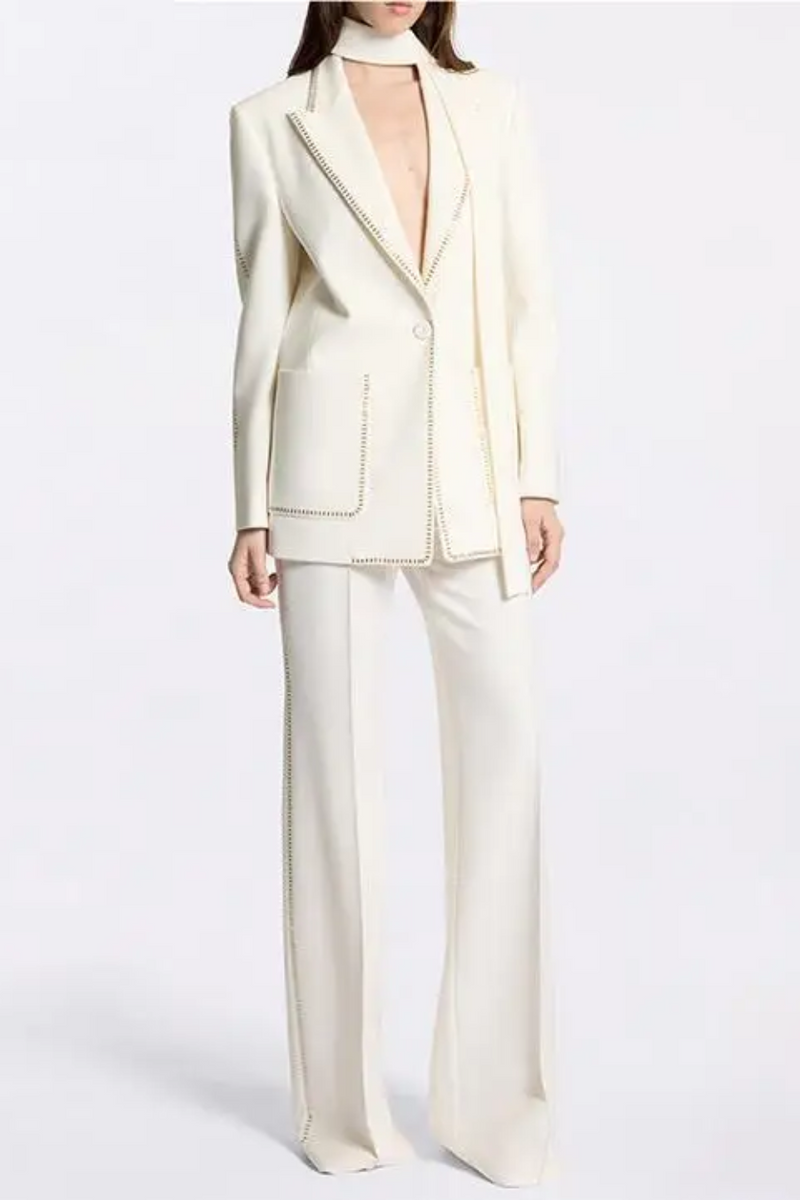 Lady Formal Workwear Solid Notched Blazer Pants Suit With Scarf