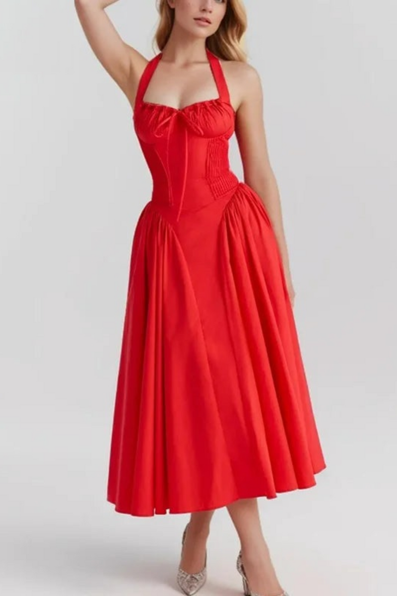 Red Corset Style Bow Halter Dress Spliced Lace Drawstring Rope Chest Pleated Slim Low Waist Folded Swing Midi Robe