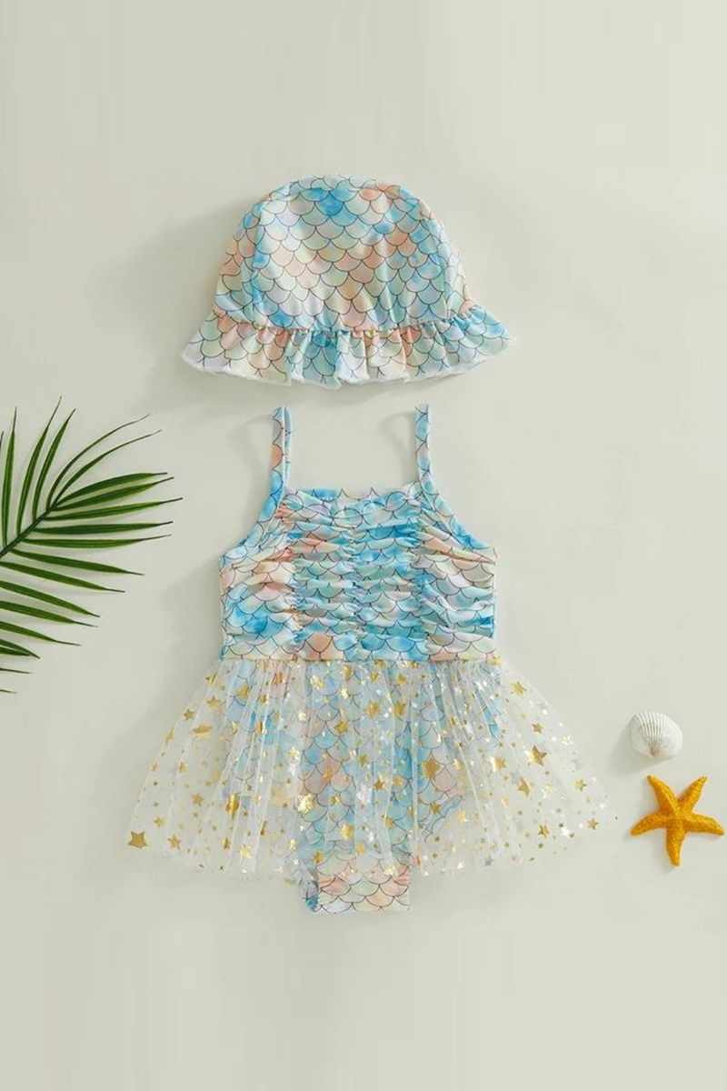 Toddler Girls Summer Casual Swimwear Sleeveless Fish Scale Print Tutu Bathing Suit with Hat