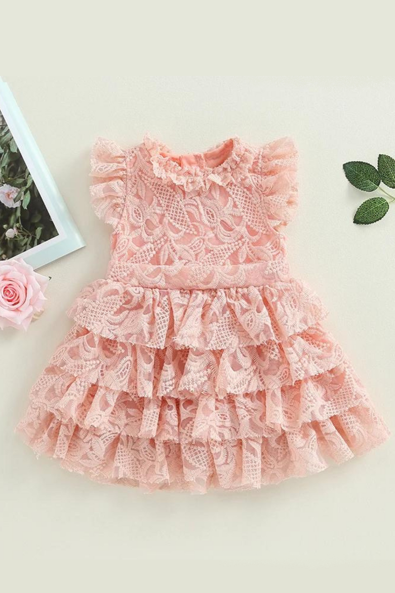 Summer Kids Girl Ruffle Dresses Sleeveless Layered Lace Casual Party Street Princess Pink Dress Clothes