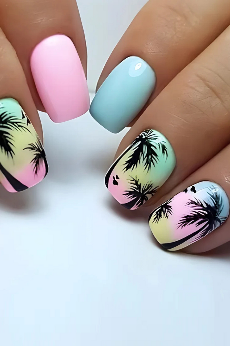 24Pcs Summer Fake Nail with Glue Short Square Head False Nails Colorful Coconut Treed Design Press on Nails Wearable Nail Art