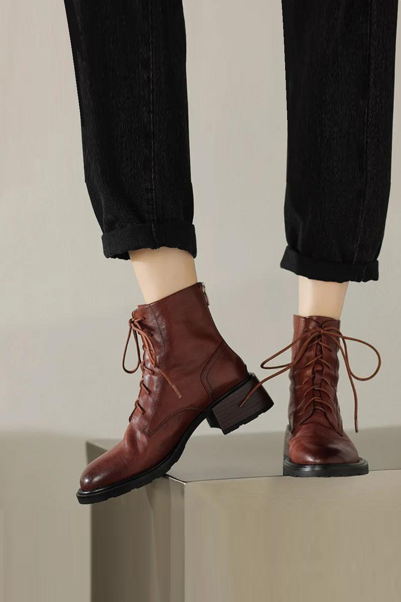 Genuine Leather Women short Boots Autumn Winter Round Toe Thick Heel Lace Up