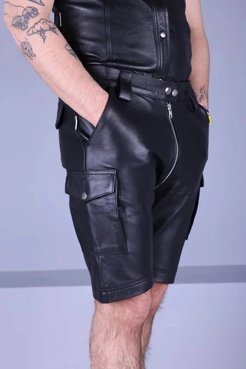 Men Leather Double Zipper Head Short With Pocket Male Cargo Shorts