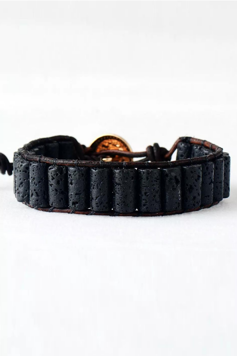 Man Wrap Bracelet Lava Stone Steampunk Gothic Hiphop Rock Single Leather Bracelets Couples Lovers Male Female Jewelry