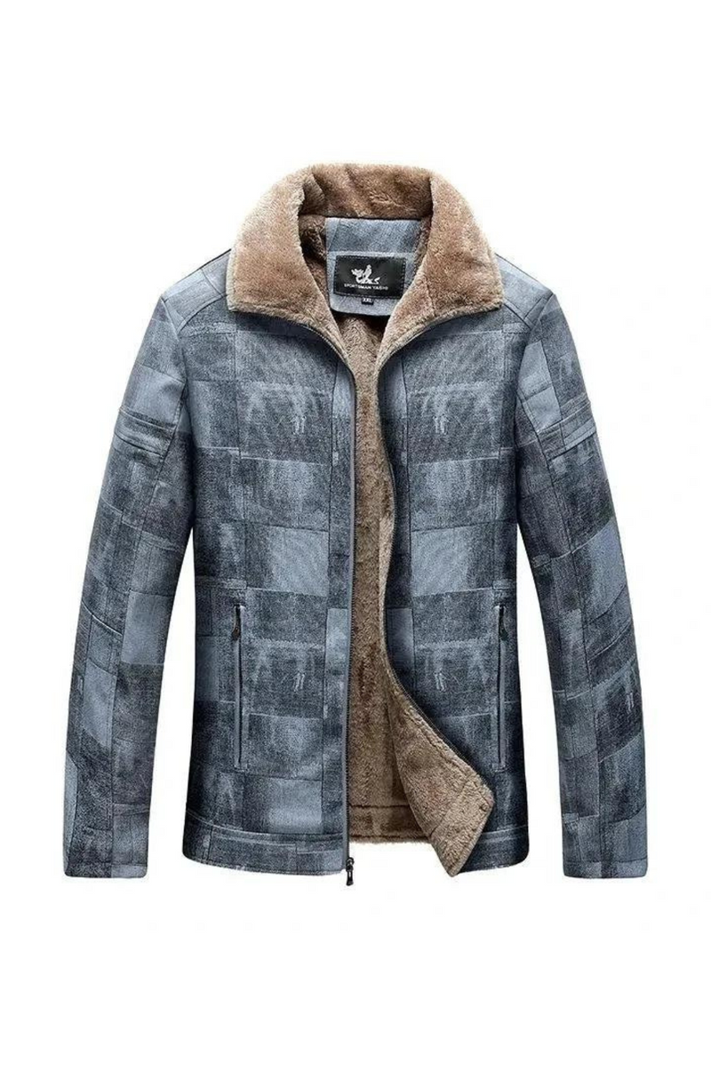 Men Winter Fleece Leather Jacket Business Casual Woolen Leather Coat Khaki Warm Coat for Male