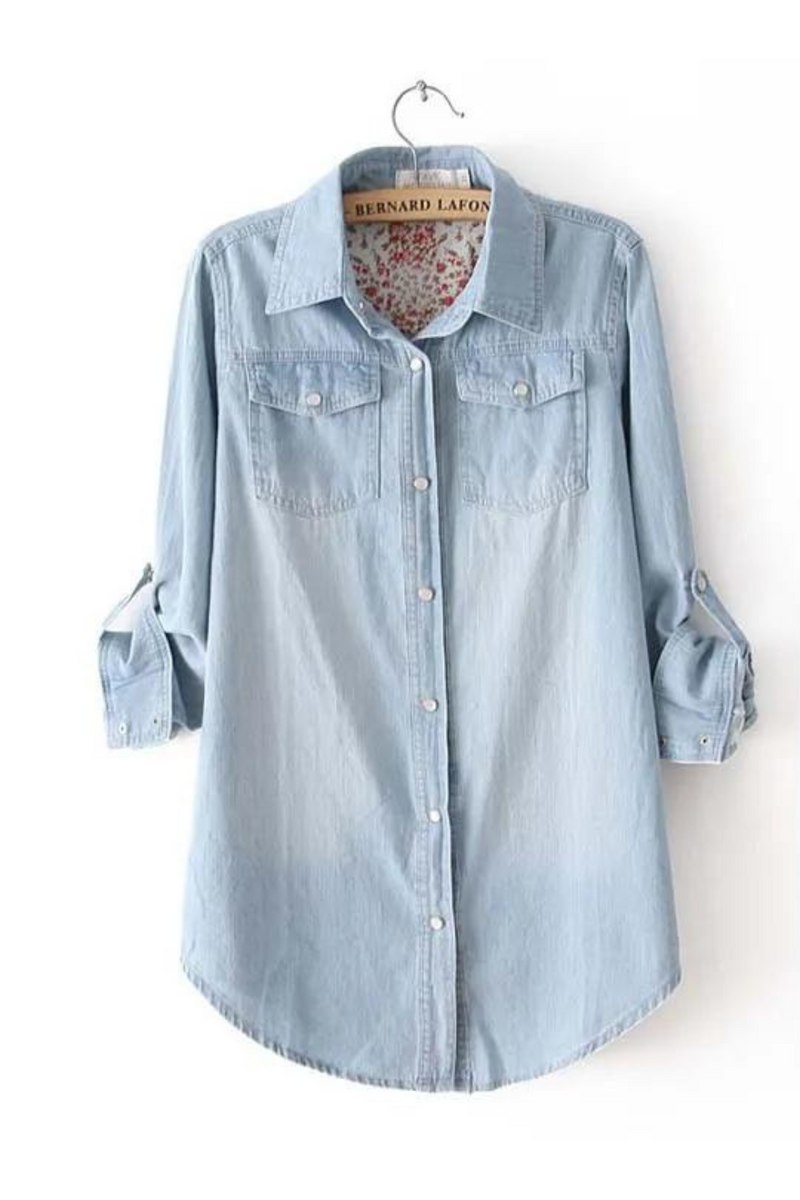 Women Summer Blouse Mid-Long Cute Jeans Shirt Long Sleeve Female Ladies Thin Denim Shirts Blue