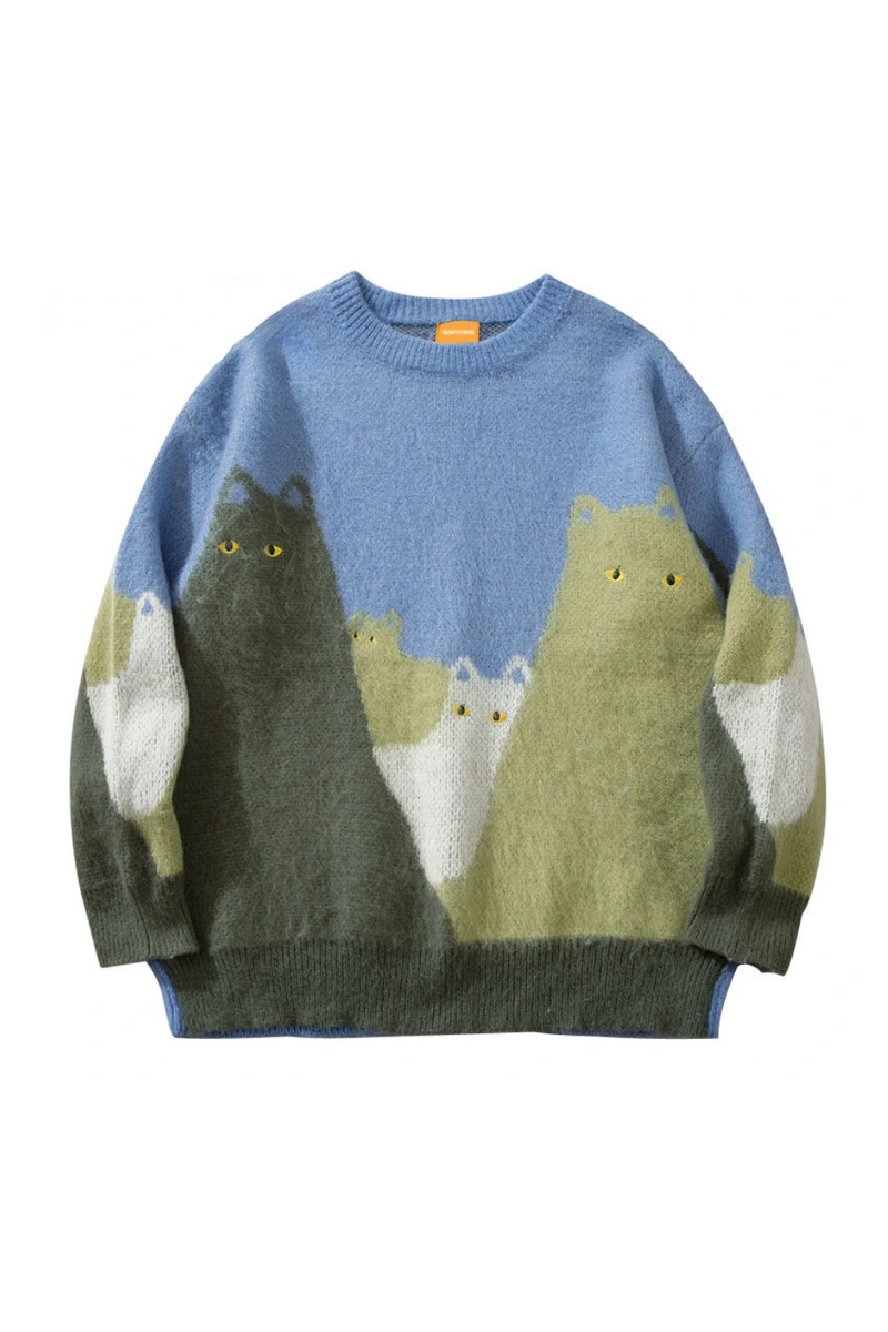 Men Sweater Streetwear Funny Knitted Cat Embroidery Eye Jumper Pullover Sweaters