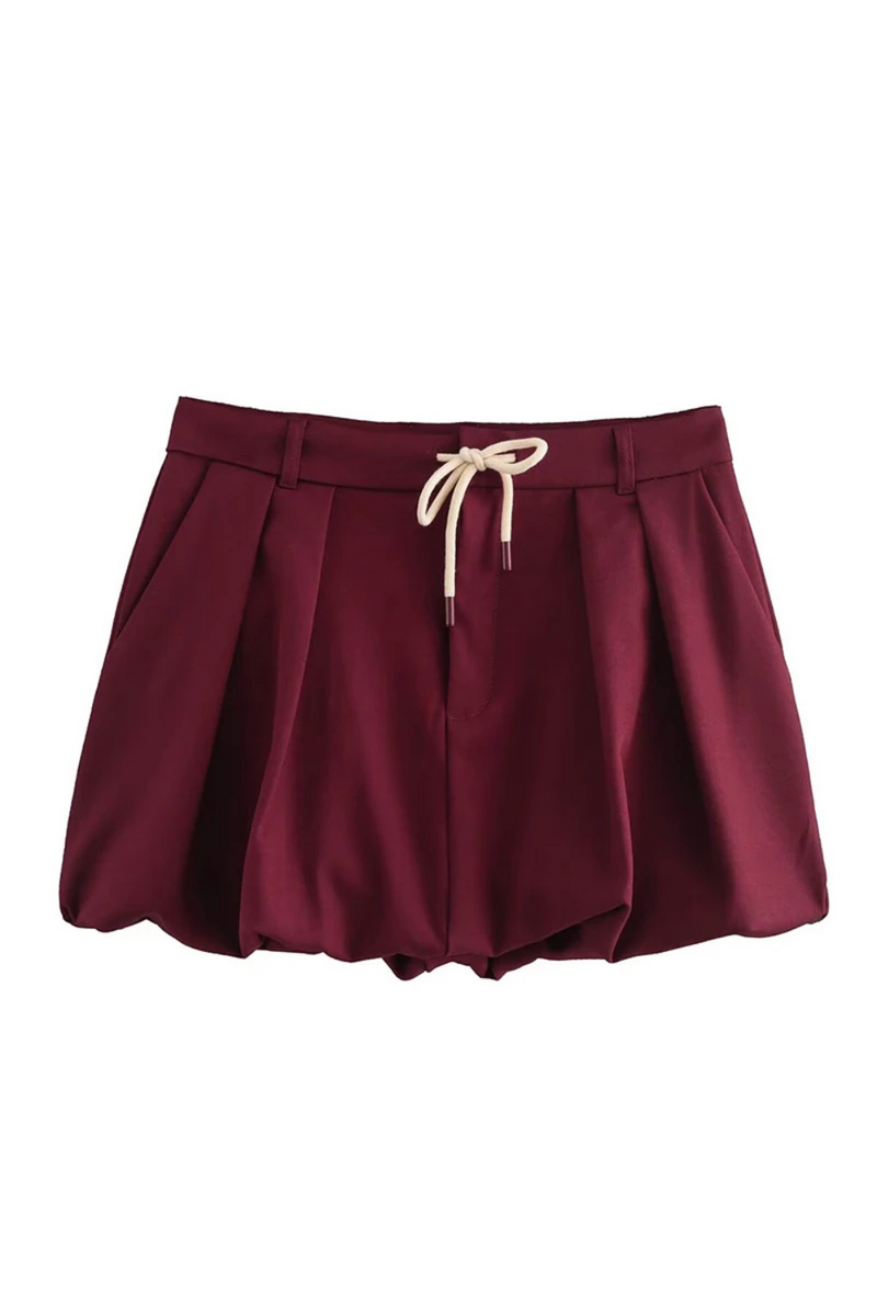 Women Maroon Balloon Mini Skirt Adjustable Drawstring Mid Waist Female Skirts