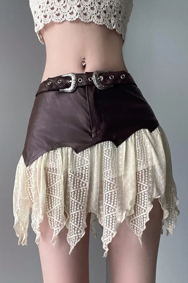 Women Skirt Summer Leather Lace Patchwork Casual Irregular Hem Mini Skirt Spicy Girl Short Skirt