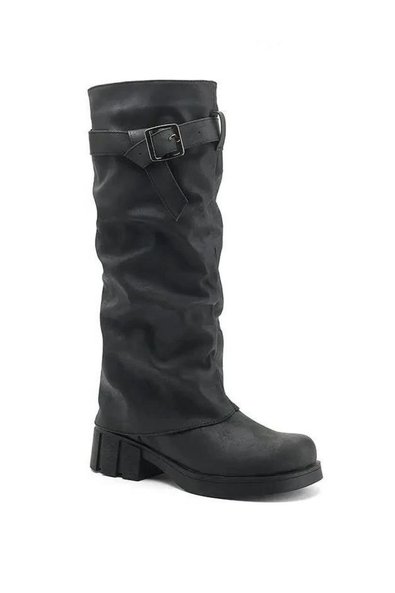 Female Knee High Boots Round Toe Heels Slip On Belt Buckle