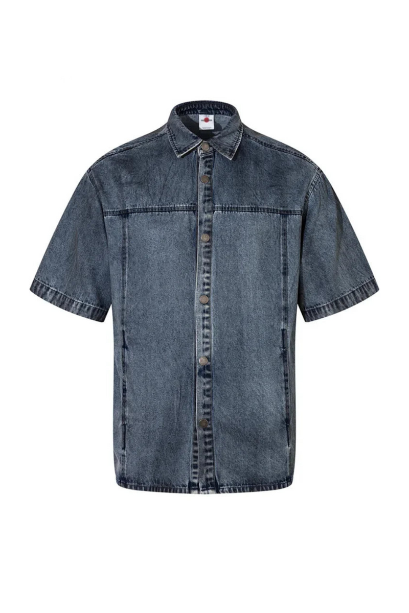 Spliced Denim Shirts Men Lapel Single Breasted Half-Sleeve Jeans Shirts Men