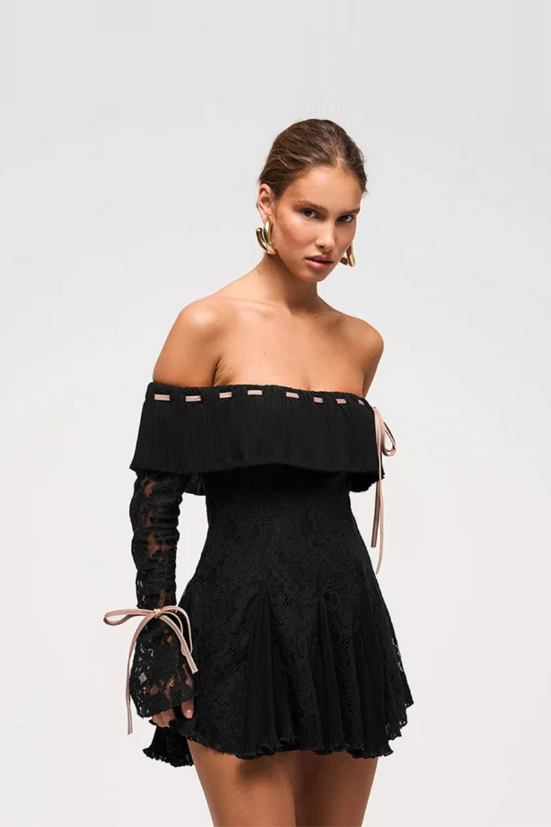 One Shoulder Lace Dress For Women Bandage Folds Mini Dress