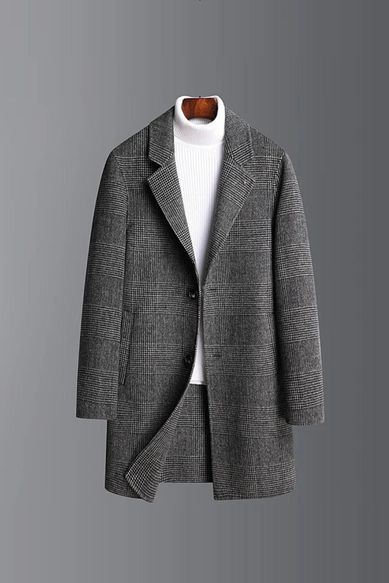 Plaid Wool Coat Men's Autumn Winter Slim Trench Coats Mid-length Cashmere Outerwear Long Jacket