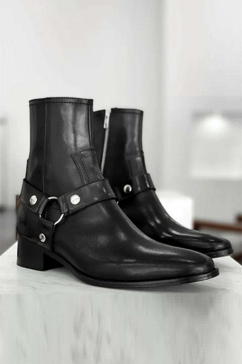 Black Men's Short Boots Genuine Leather Zip Business Low-heeled Handmade Ankle Boots for Men Fashion Work Punk Zapatos Hombre