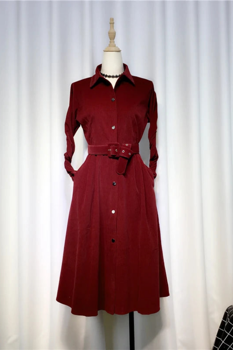 Corduroy Dress Spring Turn-Down Collar Button Sashes Slim Knee-Length Lady Elegant