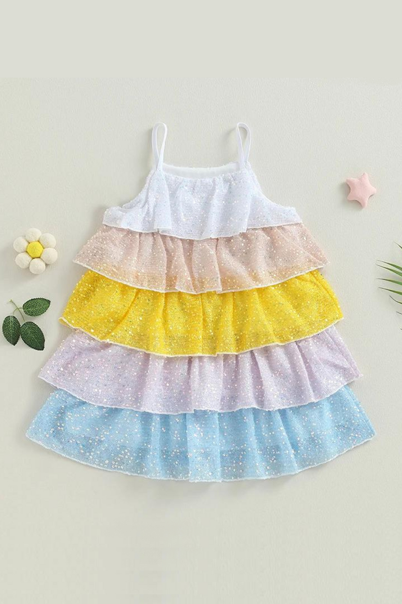 Summer Kids Girls Dress Contrast Ruffles Sleeveless Dress Casual Clothes Princess Dress