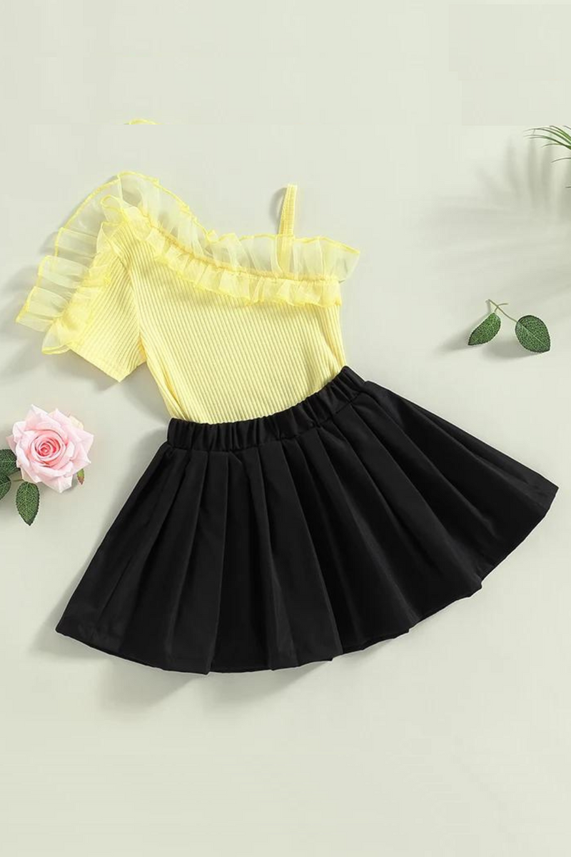 Kids Girls Sweet Skirt Set Short Sleeve Patchwork Tops Elastic Waist Pleated Skirt