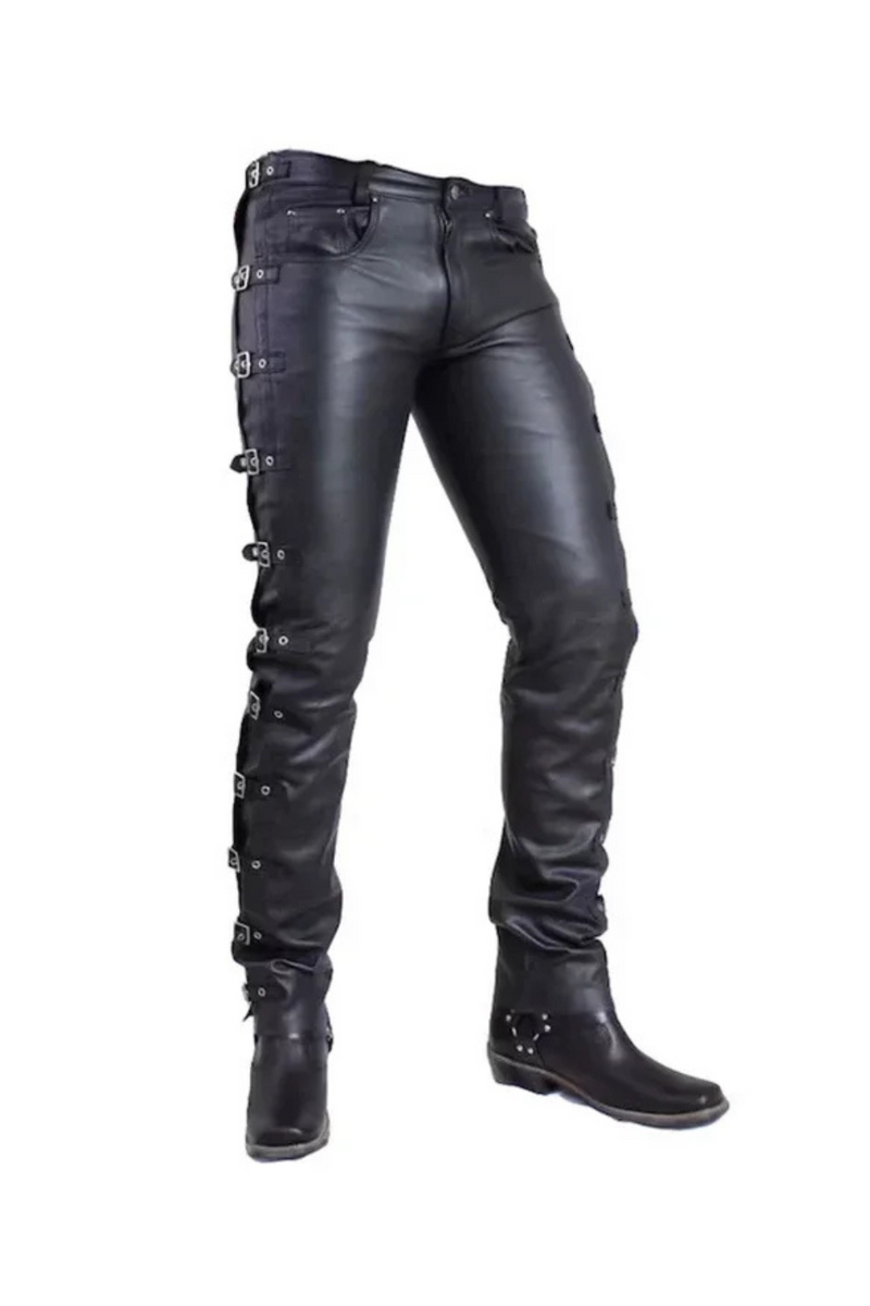 Men Leather Straight Pants Male Slim Splicing Pencil Trousers