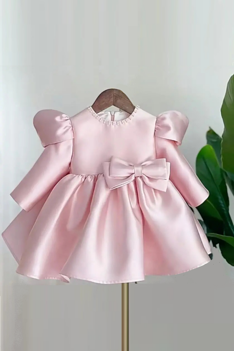 Children's Pink Princess Evening Gown kids Bow Pearls Design Wedding Birthday Baptism Party Dress