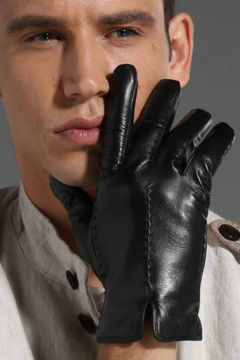 Winter Real Leather Gloves Men Black Genuine Gloves Fleece Lining Warm