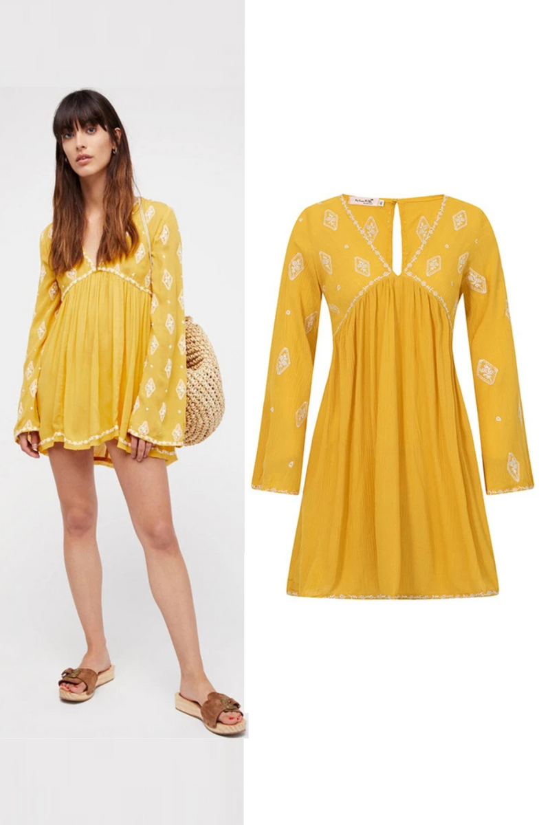 Australian Loose Casual Dress Embroidered Trumpet Sleeve Dress Pullover Short Skirt  For Women