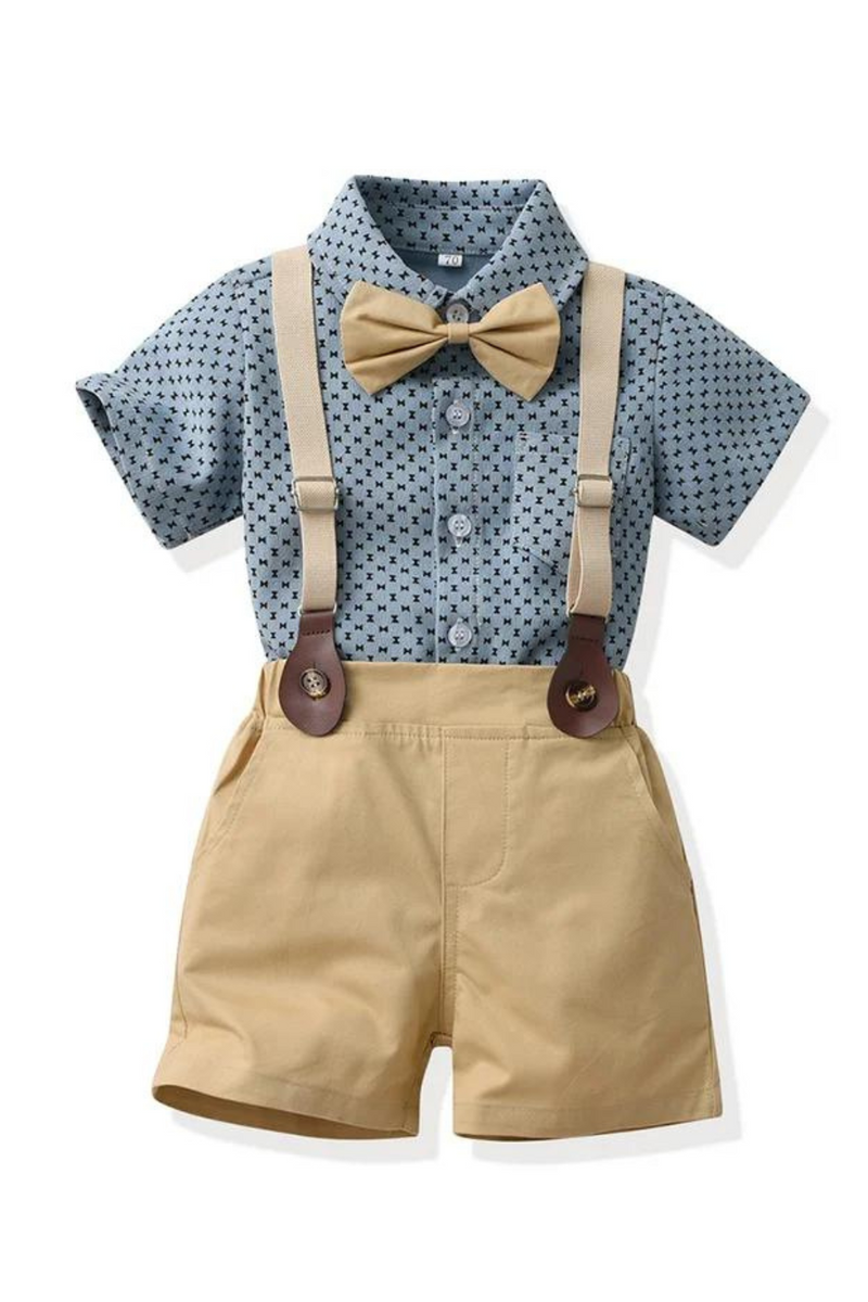 Summer Toddler Kids Boys Casual Clothing Set Short Sleeve Bowtie Gentleman Shirts Suspenders Shorts