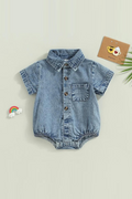 Infant Denim Romper Short Sleeve Turn-Down Collar Baby Jumpsuits Summer Buttons Casual Bodysuits for Infant Boys Girls